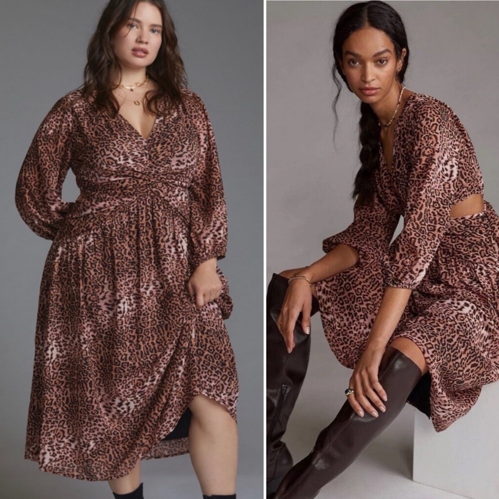 Anthropologie Brown Leopard Print Midi Dress